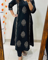 Launching Designer Kurti Pant Set  in *Cotton Fabric* with  beautiful *Block print sequin moti and  thread detailing Work*  giving perfect smart and Mesmerizing look